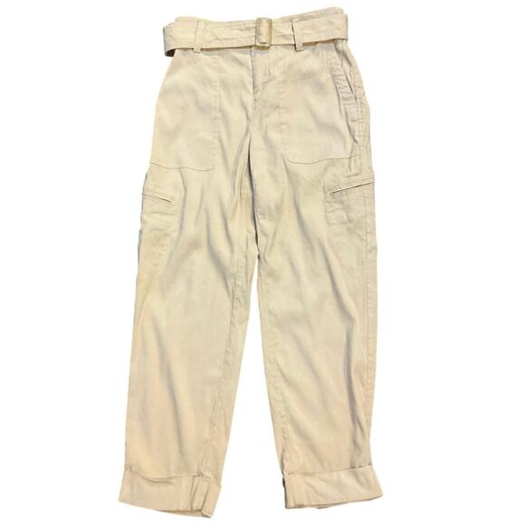 Vince Belted Linen Blend Crop Pants Straight Leg Khaki Casual Size S - Picture 2 of 9
